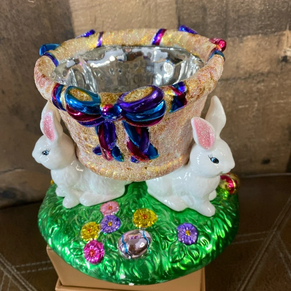 VINTAGE Christopher Radko Easter Bunny & Eggs Decorative Candy Dish 2004 Glitter